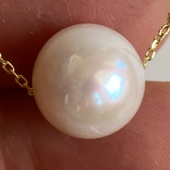 **SOLD** 12mm White Cultured Pearl Floating 14K Gold Plated 925 Silver - Picture 1 of 5